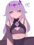  1girl alternate_costume blush breasts center-flap_bangs chest_jewel cleavage colored_inner_hair commentary crop_top double-parted_bangs english_commentary gem gradient_hair grey_hair hair_flaps headpiece heart highres hololive hololive_english jewel_under_eye koseki_bijou leggings long_hair long_sidelocks looking_at_viewer multicolored_hair navel pink_hair purple_eyes purple_gemstone sidelocks simple_background smile solo speech_bubble spoken_squiggle squiggle very_long_hair viqur virtual_youtuber white_background 