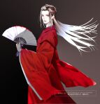  1boy bishounen black_background brown_hair chinese_clothes closed_mouth commentary_request floating_hair folding_fan from_side gradient_background grey_background grey_eyes hair_ornament hair_stick hand_fan hanfu holding holding_fan long_hair long_sleeves looking_at_viewer male_focus pale_skin paper_fan red_hanfu robe simple_background solo standing tassel tianya_ke twitter_username watermark wen_kexing wide_sleeves ykmr_(haga) 