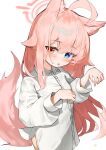  1girl absurdres ahoge alternate_costume animal_ear_fluff animal_ears blue_archive blue_eyes blush buttons cheeckae claw_pose collared_shirt commentary cowboy_shot crossed_bangs fox_ears fox_tail hair_between_eyes hair_ear hair_intakes halo heterochromia highres hoshino_(blue_archive) long_sleeves looking_at_viewer pink_hair pink_halo shirt side_slit single_sidelock solo tail tongue tongue_out white_shirt yellow_eyes 