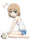  bangs barefoot blonde_hair blue_eyes blue_shorts commentary eyebrows_visible_through_hair fang flipper from_side frown full_body fume girls_und_panzer hands_on_own_knees hot katyusha kayari_buta leaning_forward looking_at_viewer mosquito_coil open_mouth shirt short_hair short_shorts shorts simple_background sitting solo sweat tank_top wariza white_background white_shirt 