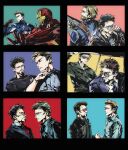  2boys 4istfuerimmer arc_reactor armor avengers:_age_of_ultron avengers:_endgame avengers:_infinity_war avengers_(series) back-to-back beard black-framed_eyewear black_border black_hair black_jacket blonde_hair blue_background blue_bodysuit blue_eyes blue_jacket blue_necktie blue_shirt bodysuit border breast_pocket brown-tinted_eyewear brown_eyes brown_gloves captain_america clenched_hand closed_eyes closed_mouth collared_shirt commentary english_commentary facial_hair fingerless_gloves formal_clothes from_behind full_armor gloves green_background green_hat green_jacket green_shirt grey-framed_eyewear grey-tinted_eyewear grey_shirt hand_up hat helmet highres holding holding_shield hood hooded_bodysuit hooded_jacket iron_man jacket lapels leather leather_jacket long_sleeves looking_ahead looking_at_another looking_at_viewer male_focus marvel military_hat military_jacket military_uniform multicolored_armor multiple_boys multiple_views necktie open_clothes open_jacket open_mouth peaked_cap pink_background pocket power_armor puffy_long_sleeves puffy_sleeves purple_background red-tinted_eyewear red_armor red_background red_gloves red_necktie shield shirt short_hair simple_background smile star_(symbol) steve_rogers striped_bodysuit suit suit_jacket sunglasses superhero_costume sweatdrop t-shirt the_avengers_(2012) tinted_eyewear tony_stark upper_body v-shaped_eyebrows white_shirt yellow_armor yellow_background 
