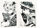  2boys absurdres animal animalization blunt_ends bodysuit cape cat closed_mouth coat crossed_bangs curtained_hair diamond-shaped_pupils diamond_(shape) dragon dragon_boy dragon_horns gem genshin_impact greyscale hair_between_eyes hat hatching_(texture) highres holding holding_animal holding_cat horns japanese_clothes jingasa juban kimono linear_hatching long_sleeves looking_at_another looking_at_viewer mandarin_collar manmaruneko10 mini_durin_(dragon)_(genshin_impact) mini_durin_(genshin_impact) mini_durin_(human)_(genshin_impact) monochrome multiple_boys open_clothes open_kimono person_and_animalization photo_(medium) scaramouche_(cat)_(genshin_impact) scaramouche_(genshin_impact) shoulder_peek small_dragon smile symbol-shaped_pupils traditional_media tsurime vision_(genshin_impact) wanderer_(genshin_impact) 