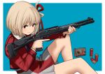  1girl ammunition benelli_m4 blonde_hair blue_background dress gun looking_at_viewer lycoris_recoil lycoris_uniform nishikigi_chisato red_dress red_eyes short_hair shotgun shotgun_shell smile solo timmyyen two-tone_dress weapon 