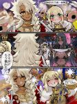  artoria_caster_(fate) artoria_caster_(first_ascension)_(fate) artoria_pendragon_(fate) black_hair blonde_hair blue_skin blush braid breasts caliburn_(fate) cleavage closed_eyes colored_skin commentary_request curvy dark-skinned_female dark-skinned_male dark_skin facial_mark fate/grand_order fate_(series) genie grand_caster_(fate) green_eyes hat highres huge_breasts jewelry long_hair lord_logres_(fate) popopo0000001 scheherazade_(fate) scroll short_hair smile solomon_(fate) yellow_eyes 