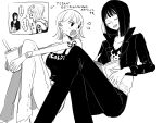  >_< 2girls aknotn3 anger_vein arm_tattoo bad_id bad_twitter_id blunt_bangs book closed_eyes cropped_jacket crossed_legs cup drinking_straw greyscale hair_behind_ear highres holding holding_book holding_cup log_pose medium_hair monochrome multiple_girls nami_(one_piece) nico_robin one_piece pants short_hair sitting tank_top tattoo translation_request 