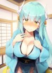  aqua_hair blush breasts cleavage collarbone dragon_girl dragon_horns fate/grand_order fate_(series) horns japanese_clothes kimono kiyohime_(fate/grand_order) kurikara large_breasts long_hair looking_at_viewer solo yellow_eyes 