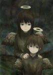  2girls angel_wings behind_another black_eyes black_hair black_ribbon black_shirt brown_eyes brown_hair closed_mouth dirty faux_traditional_media feathered_wings green_vest grey_shirt grey_sky grey_wings haibane_renmei halo hands_on_another's_shoulders highres jewelry long_hair long_sleeves looking_at_another looking_down multiple_girls neck_ribbon necklace outdoors rakka_(haibane_renmei) reki_(haibane_renmei) ribbon sad shirt short_hair sky takurada traditional_halo vest wings 