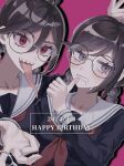  2girls black_shirt braid collarbone collared_shirt commentary_request danganronpa:_trigger_happy_havoc danganronpa_(series) dated drop_shadow dual_persona eyelashes fingernails fukawa_toko genocider_shou glasses glint hair_between_eyes happy_birthday highres holding holding_scissors long_hair long_sleeves long_tongue michi_(michiisidayo) mole mole_under_mouth multiple_girls neckerchief nervous_sweating pink_background purple_eyes purple_hair red_eyes red_neckerchief round_eyewear sailor_collar scissors sharp_teeth shirt simple_background smile sweat teeth tongue tongue_out twin_braids twintails upper_teeth_only wavy_eyes white_sailor_collar 