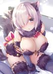  animal_ears blush breasts claws cleavage dangerous_beast fate/grand_order fate_(series) floor fur-trimmed_gloves fur-trimmed_legwear fur_collar fur_trim gloves gomano_rio hair_over_one_eye lace lace-trimmed_thighhighs large_breasts looking_at_viewer mash_kyrielight o-ring o-ring_top open_mouth pink_ribbon purple_eyes purple_gloves purple_hair revealing_clothes ribbon short_hair sitting solo tail thighhighs wariza wolf_ears wolf_tail 