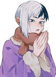  0a_9_(pixiv82791714) 1boy asagiri_gen black_hair blue_eyes blue_hair breath coat dr._stone facial_mark fur-trimmed_sleeves fur_trim hands_up jacket long_sleeves looking_down multicolored_hair open_mouth own_hands_together purple_coat purple_jacket red_scarf scarf short_hair simple_background single_sidelock solo split-color_hair two-tone_hair upper_body white_background white_hair winter_clothes 