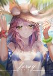  animal_ear_fluff animal_ears bikini bikini_under_clothes blue_bikini blurry bracelet breasts depth_of_field fate/grand_order fate_(series) fox_ears grin hair_between_eyes hands_on_headwear hat jewelry long_hair looking_at_viewer low_twintails medium_breasts mins_(minevi) outdoors pink_hair see-through shirt sidelocks smile solo straw_hat sun_hat swimsuit t-shirt tamamo_(fate)_(all) tamamo_no_mae_(swimsuit_lancer)_(fate) twintails upper_body wet wet_clothes wet_shirt yellow_eyes 