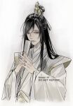  1boy bishounen black_hair chinese_clothes closed_mouth commentary_request folded_fan folding_fan half_updo hand_fan hanfu highres holding holding_fan long_hair long_sleeves looking_at_viewer male_focus modao_zushi nie_huaisang own_hands_together robe simple_background solo topknot twitter_username upper_body white_background wide_sleeves xiao_guan_(headdress) yellow_eyes ykmr_(haga) 