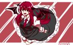  :d bat_wings dress_shirt eyebrows_visible_through_hair frilled_skirt frills full_body hair_between_eyes head_wings juliet_sleeves koakuma long_hair long_sleeves looking_at_viewer necktie open_mouth outline puffy_sleeves red_background red_eyes red_hair red_neckwear ringed_eyes shirt sidelocks simple_background sketch skirt skirt_set smile solo striped striped_background syn touhou very_long_hair wings 