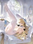  1girl absurdres anus bad_fanbox_id bad_id black_gloves black_ribbon blonde_hair blush breasts cameltoe closed_mouth commentary_request cover_image gloves hair_ribbon haku89 half_gloves hat highres indoors legs_up long_hair looking_at_viewer lying medium_breasts nipples no_panties no_shoes on_back paid_reward_available pantyhose phoebe_(wuthering_waves) purple_eyes pussy ribbon solo topless_female torn_clothes torn_pantyhose white_hat white_pantyhose window wuthering_waves 