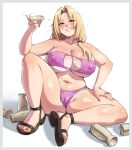  1girl absurdres alcohol bikini blonde_hair blush border breasts brown_eyes cameltoe collarbone commentary commission covered_nipples cup curtained_hair drink drunk english_commentary eyepatch_bikini facial_mark forehead_mark full_body grey_border grin hair_over_shoulder hand_on_own_leg hand_up highres holding holding_cup holding_drink huge_breasts kharon knee_up lips long_hair looking_at_viewer nail_polish naruto_(series) navel ponytail purple_bikini red_nails sake saliva sandals sitting smile solo stomach swimsuit toenail_polish toenails tokkuri tsunade_(naruto) veins veiny_breasts white_background 