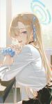  1girl asuna_(blue_archive) asuna_(school_uniform)_(blue_archive) black_skirt blue_archive blue_eyes blue_halo blue_scrunchie breasts halo hiera12 highres large_breasts looking_at_viewer open_mouth scrunchie shirt sitting skirt solo white_shirt wrist_scrunchie 