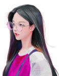  1girl absurdres asian bilingual_commentary black_hair english_commentary eyelashes from_side glasses grey_eyes haerin_(newjeans) highres korean_commentary lizchief long_hair mixed-language_commentary newjeans open_mouth pink_shirt raglan_sleeves real_life realistic red_lips round_eyewear shirt simple_background solo straight_hair upper_body very_long_hair white_background white_sleeves 
