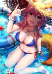  animal_ears beach_umbrella bikini blue_bikini breasts cleavage collar collarbone commentary_request ears_through_headwear fang fate/grand_order fate_(series) fox_ears fox_shadow_puppet fox_tail from_above groin hat in_water innertube navel ocean open_mouth pink_hair saruei shadow shirt side-tie_bikini sitting straw_hat swimsuit tail tamamo_(fate)_(all) tamamo_no_mae_(swimsuit_lancer)_(fate) umbrella wariza wet wet_clothes wet_shirt wet_t-shirt yellow_eyes 