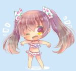  ;d bangs bare_arms bare_legs bare_shoulders barefoot bikini blue_background blush bow brown_eyes brown_hair chibi eyebrows_visible_through_hair fang full_body hair_between_eyes hair_bow kantai_collection kouu_hiyoyo libeccio_(kantai_collection) long_hair lowres multicolored multicolored_polka_dots one_eye_closed open_mouth outstretched_arms polka_dot polka_dot_bow smile solo standing swimsuit twintails very_long_hair white_bikini white_bow 