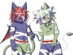 2012 anthro arbre_(hane) balls blush body_part_swap duo fur genitals green_body green_fur green_hair hair hane heterochromia kemono male modular nude penis red_hair transplant