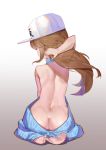  arm_behind_head ass backless_dress backless_outfit bare_back barefoot blue_sweater brown_hair butt_crack dress from_behind full_body gradient gradient_background grey_background hataraku_saibou highres long_hair meme_attire naked_sweater platelet_(hataraku_saibou) shoulder_blades simple_background sitting sk_tori solo sweater sweater_dress virgin_killer_sweater 