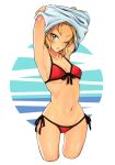  armpits arms_up bikini blonde_hair breasts collarbone cowboy_shot cropped_legs fate/grand_order fate_(series) front-tie_bikini front-tie_top green_eyes looking_at_viewer lowleg lowleg_bikini mordred_(fate)_(all) mordred_(swimsuit_rider)_(fate) navel onaka_(pixiv11820960) parted_lips red_bikini shirt side-tie_bikini small_breasts solo swimsuit thigh_gap undressing white_background white_shirt wince 