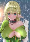  absurdres blonde_hair blue_eyes blush breasts cleavage cleavage_cutout collar ehgus7802 elf highres isekai_maou_to_shoukan_shoujo_dorei_majutsu large_breasts long_hair looking_at_viewer metal_collar pointy_ears rain shera_l_greenwood solo wet 