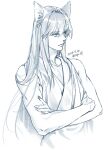  1boy animal_ears bare_shoulders collarbone commentary_request crossed_arms dated fingernails fox_boy fox_ears greyscale hair_between_eyes highres kurama_(yu_yu_hakusho) long_hair looking_to_the_side male_focus monochrome robe simple_background sleeveless sleeveless_robe solo spot_color twitter_username upper_body very_long_hair white_background white_robe yellow_eyes ykmr_(haga) yu_yu_hakusho 