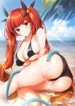  ahoge ass azur_lane bangs beach between_breasts bikini black_bikini black_ribbon blue_sky blurry blurry_background blush breasts cleavage cloud collarbone commentary_request day eyebrows_visible_through_hair frown hair_ribbon honolulu_(azur_lane) hose large_breasts long_hair looking_at_viewer lying macchiato_(jae-min_cho) ocean outdoors palm_leaf red_eyes red_hair ribbon sand sidelocks skindentation sky solo sunlight swimsuit thighs twintails twitter_username wet 