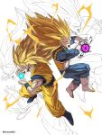  2boys absurdres armor blonde_hair blue_bodysuit blue_boots blue_sash blue_shirt bodysuit boots commentary_request dougi dragon_ball dragon_ball_daima dragon_ball_z electricity energy_ball food full_body galick_gun gloves green_eyes highres horang4628 kamehameha_(dragon_ball) korean_commentary long_hair male_focus multiple_boys no_eyebrows open_mouth orange_pants orange_shirt pants powering_up saiyan_armor sash shirt son_goku spiked_hair super_saiyan super_saiyan_3 twitter_username vegeta white_armor white_background white_boots white_gloves zoom_layer 