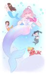  1boy 1other 5girls absurdres adapted_uniform ahoge air_bubble antenna_hair apple arm_up armband arms_bound_above_head bare_shoulders bikini bikini_top_only black_bikini black_eyes black_hair blue_bikini blue_hair blue_tail blush body_fins bracelet breasts brown_hair bubble chain choker collar commentary commission commissioner_upload crab english_commentary fang fins fish_tail flying_sweatdrops food frilled_wristband fruit gills gold_armband gold_chain gradient_tail grin hair_intakes hair_ornament heart-shaped_lock heart_collar heart_on_chest highres holding holding_above_head idolmaster idolmaster_cinderella_girls idolmaster_cinderella_girls_starlight_stage index_fingers_together irootie jewelry kawashima_mizuki kneeless_mermaid large_breasts long_hair long_sidelocks looking_at_viewer looking_back md5_mismatch medium_hair mermaid mob_face monster_girl multicolored_bikini multicolored_hair multiple_girls necklace nitta_minami official_alternate_costume on_rock one_eye_closed open_mouth orange_tail outstretched_arm p-head_producer pearl_necklace pincers pink_armband pink_choker pink_collar pink_eyes pink_hair pink_skirt pink_tail producer_(idolmaster) ringorou_(idolmaster) rock shark_fin shark_girl shark_tail sharp_teeth shell shell_bikini shirt sidelocks skeleton_print skin_fang skirt small_breasts smile solo_focus sunazuka_akira swimsuit t-shirt tail teeth three-finger_salute tied_shirt tsujino_akari twintails two-tone_bikini two-tone_hair underwater vgen_commission yumemi_riamu 