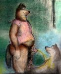  anthro balls bd belly big_penis brown_fur butt canine clothed clothing duo flaccid fur grey_fur holding_penis humanoid_penis male male/male mammal navel nude peeing pencil_(artwork) penis shirt slightly_chubby smile traditional_media_(artwork) urine watersports whiskers wolf 