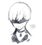  blindfold blush choker facing_viewer flying_sweatdrops greyscale highres male_focus mochizuki_kei monochrome nier_(series) nier_automata parted_lips portrait simple_background sketch smile solo speech_bubble white_background yorha_no._9_type_s 