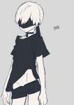  black_blindfold black_choker black_shirt black_shorts blindfold character_name choker closed_mouth contrapposto covered_eyes facing_viewer grey_background greyscale highres male_focus mochizuki_kei monochrome nier_(series) nier_automata shirt short_shorts short_sleeves shorts simple_background solo standing yorha_no._9_type_s 
