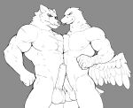 anthro anthro_on_anthro arm_scar avian ball_size_difference balls beak bird blaidd_(elden_ring) canid canine canis chest_scar chest_to_chest dark_sclera duo elden_ring elden_ring_nightreign erection eye_scar facial_scar feathers fist fromsoftware frottage genitals greyscale guardian_(nightreign) hi_res humanoid_genitalia humanoid_penis interspecies jrjresq male male/male mammal monochrome muscular muscular_anthro muscular_male nipples nude penile penis penis_size_difference penises_touching scar scuted_arms scutes sex smile smirk standing tail tail_feathers underbite white_nipples wings wolf