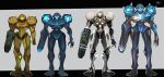  alternate_form arm_cannon border claws commentary_request dark_samus dual_persona full_body glowing glowing_armor glowing_eyes highres light_suit looking_at_viewer metroid metroid_prime_2:_echoes power_armor reflection samus_aran standing teke varia_suit weapon 