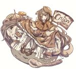  1girl animal_ears brown_dress brown_hair brown_hat brown_shoes cat_ears cat_girl chipie_0114 commentary dress food frilled_dress frills hat highres long_dress onion original shoes sitting skirt_hold solo soup spoon 
