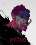  1boy absurdres character_name commentary english_commentary facial_hair grey_background highres male_focus monster_boy orc original patrick_ganas plug_(piercing) pointy_ears portrait purple_facial_hair purple_hair scar scar_on_face short_hair simple_background solo tusks 