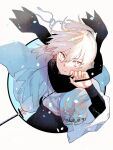  1girl armor artist_name black_bow black_scarf black_skirt blonde_hair blue_background blue_haori border bow closed_mouth commentary_request dated fate/grand_order fate_(series) fingernails floating_clothes floating_hair hair_between_eyes hair_ornament hand_on_own_face hand_up haori high-waist_skirt holding holding_sword holding_weapon japanese_armor japanese_clothes katana kimono koha-ace kote kurokote long_sleeves looking_at_viewer low_ponytail okita_souji_(fate) okita_souji_(koha-ace) okita_souji_(teal_haori_and_hakama)_(fate) open_clothes outside_border petals ponytail scarf short_hair short_ponytail simple_background skirt solo somemiya_suzume sword v-shaped_eyebrows weapon white_border white_kimono wide_sleeves yellow_eyes 