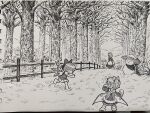  3girls absurdres ajirogasa apron bare_tree barefoot boots bow character_snowman cirno commentary_request daiyousei dress fairy fairy_wings fence fur-trimmed_boots fur_trim greyscale grin hair_bow hat highres holding holding_snowball ice ice_wings letty_whiterock monochrome multiple_girls one_side_up outdoors photo_(medium) pinafore_dress skirt sleeveless sleeveless_dress smile snow snowball snowball_fight snowman suteruko touhou traditional_media tree vest waist_apron wings winter winter_clothes wooden_fence yatadera_narumi 