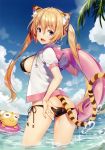  :d absurdres adjusting_clothes adjusting_swimsuit animal_ears ass bikini black_bikini blonde_hair blue_eyes blue_sky breasts contrapposto day eyebrows_visible_through_hair fang fisheye from_behind hair_between_eyes hair_ribbon highres hood hooded_jacket hoodie huge_filesize innertube jacket kotora_(toranoana) lens_flare long_hair looking_at_viewer looking_back lowleg lowleg_bikini medium_breasts open_clothes open_hoodie open_jacket open_mouth outdoors ribbon short_sleeves side-tie_bikini sideboob sky smile solo standing strap_gap swimsuit tail tiger_ears tiger_tail toranoana twintails very_long_hair wading yuuki_hagure 