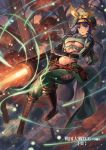  blue_eyes blue_hair breasts cannon cuboon fire hat large_breasts long_hair navel official_art sengoku_taisen solo underboob 