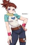  1girl absurdres aqua_sleeves artist_name belt bilingual_commentary black_pants bright_pupils broken_heart_print brown_belt brown_hair closed_mouth commentary cowboy_shot digimon hand_on_own_hip highres komatsuki_n looking_at_viewer makino_ruki mixed-language_commentary pants purple_eyes raglan_sleeves shirt simple_background solo thigh_belt thigh_strap twitter_username white_background white_pupils white_shirt wristband 