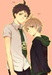  2boys ahoge arms_behind_back black_jacket black_pants blazer brown_hair collared_shirt commentary_request cowboy_shot danganronpa:_trigger_happy_havoc danganronpa_(series) danganronpa_2:_goodbye_despair green_eyes green_hoodie green_necktie height height_difference hinata_hajime hood hoodie in-franchise_crossover jacket kuru_(kzyr) looking_at_viewer male_focus multiple_boys naegi_makoto necktie orange_background pants shirt short_hair simple_background smile very_short_hair white_shirt 