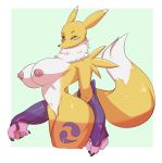  2018 anthro areola big_breasts breasts canine clothing digimon female fur gloves looking_at_viewer mammal multicolored_fur navel neck_tuft nipples nude portrait renamon riipley solo thin_waist three-quarter_portrait tuft two_tone_background two_tone_fur white_fur yellow_fur 