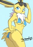  anthro bikini breasts clothing eeveelution female jolteon nintendo pok&eacute;mon pok&eacute;mon_(species) pok&eacute;morph simple_background solo swimsuit thedemonfoxy video_games 