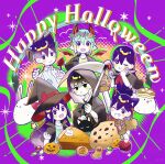  2girls 4boys absurdres alcohol alternate_costume alternate_eye_color aubrey_(headspace)_(omori) aubrey_(omori) basil_(headspace)_(omori) basil_(omori) black_eyes black_hair black_hat blush bow bright_pupils cat closed_mouth commentary_request cup demon_horns demon_tail demon_wings double-parted_bangs drinking_glass fake_horns fake_tail fake_wings fang fang_out flower flower_wreath food forest_bunny_(omori) genk1zam4s grin hair_behind_ear hair_between_eyes halloween halloween_costume happy_halloween hat hat_bow hat_ribbon head_wreath hero_(headspace)_(omori) hero_(omori) highres holding holding_cup holding_scythe holding_wand horns kel_(headspace)_(omori) kel_(omori) long_hair long_sleeves looking_at_viewer mari_(headspace)_(omori) mari_(omori) mewo multiple_boys multiple_girls neckerchief omori omori_(omori) one_eye_closed open_mouth pajamas pancake pancake_bunny_(omori) pancake_stack purple_eyes purple_hair purple_sweater_vest red_bow red_neckerchief red_ribbon ribbon scythe short_hair short_sleeves smile striped_clothes striped_pajamas sweater_vest tail teeth vertical-striped_clothes vertical-striped_pajamas wand white_pupils wine wine_glass wings witch_hat 