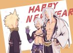  3boys abs blonde_hair border bridal_gauntlets chest_strap closed_mouth cloud_strife cloud_strife_(official_festive_garb) cow final_fantasy final_fantasy_vii final_fantasy_vii:_ever_crisis fingerless_gloves gloves grey_hair hand_on_own_hip happy_new_year highres jacoline japanese_clothes long_hair looking_at_another low_ponytail male_focus midriff multiple_boys official_alternate_costume open_mouth orange_border parted_bangs pectorals ponytail scarf sephiroth sephiroth_(celebratory_garb) sephiroth_(ever_crisis) sephiroth_(one_with_the_blade) short_hair smile spiked_hair time_paradox twitter_username two-tone_kimono white_background 