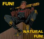  1boy bat_signal batman_(series) batman_symbol black_bodysuit black_gloves black_hair bodysuit brown_jacket commentary dc_comics gardener_gun gloves grey_bodysuit jacket jason_todd looking_at_viewer male_focus multicolored_bodysuit muscular muscular_male open_clothes pants red_eyes red_hood_(dc) red_hood_and_the_outlaws short_hair superhero_costume symbol-only_commentary taut_bodysuit two-tone_bodysuit 