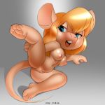  2017 4_toes anthro beige_nipples big_ears big_eyes blonde_hair blue_eyes breasts buckteeth chip_&#039;n_dale_rescue_rangers disney female front_view fur gadget_hackwrench hair half-closed_eyes hindpaw humanoid_hands long_hair long_tail looking_at_self lying mammal mouse navel nipples nude on_side open_mouth paws presenting pussy rodent solo spread_legs spreading tan_fur tan_nose teeth toes xylas 